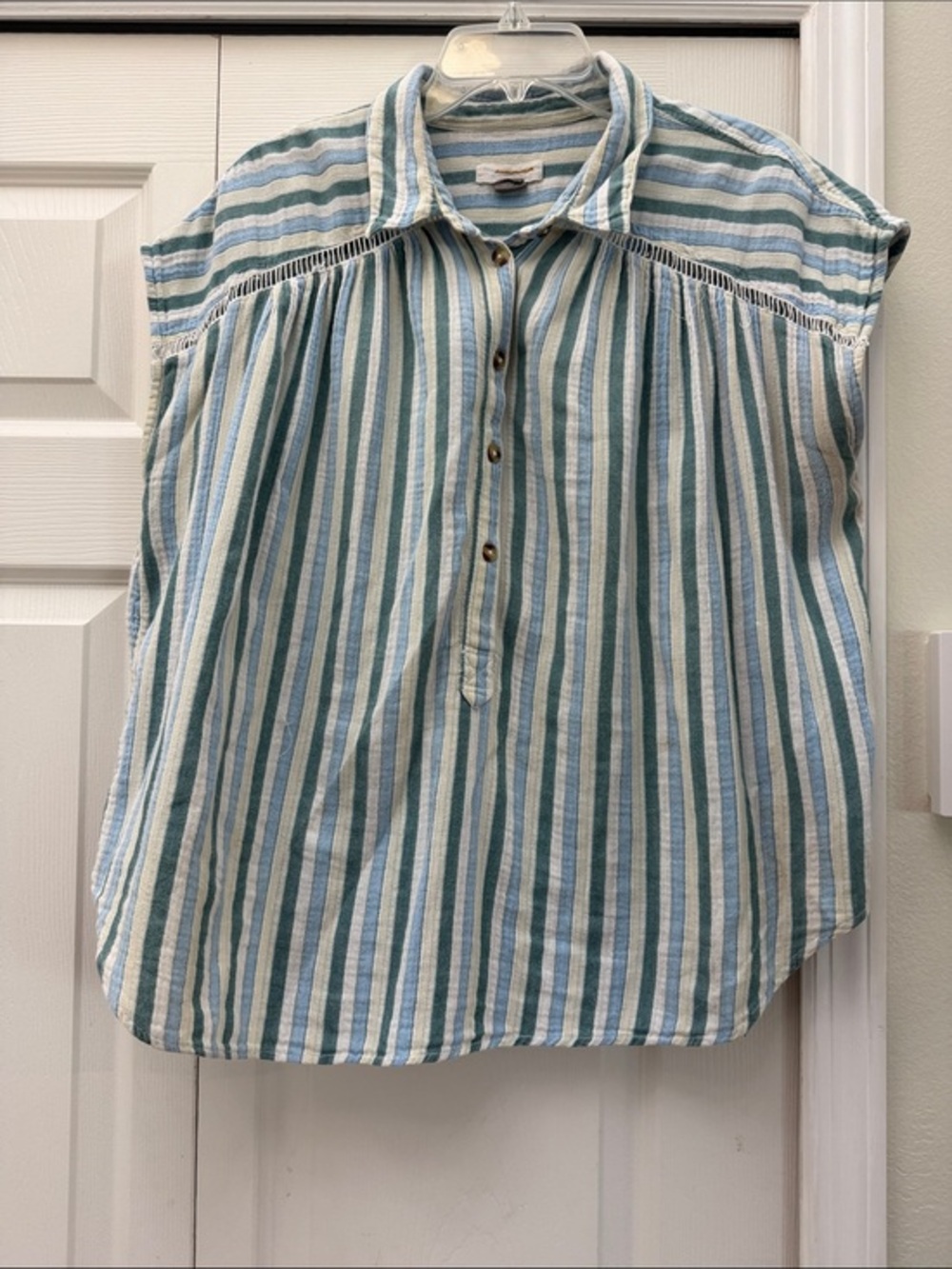 Anthropologie Striped Cap-Sleeve Button Popover in Blue, Green, White